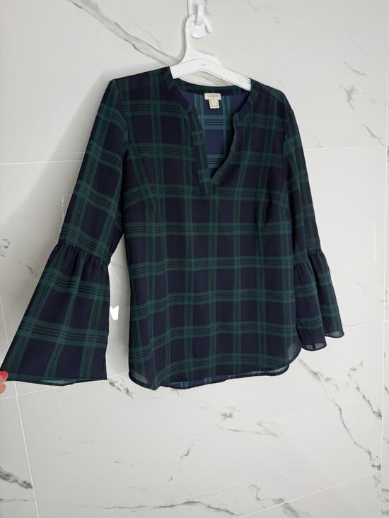 J.CREW Tops - J.CREW Blouse Top XXS Green & Navy Tartan Plaid V Neck 3/4 Bell Sleeves Preppy